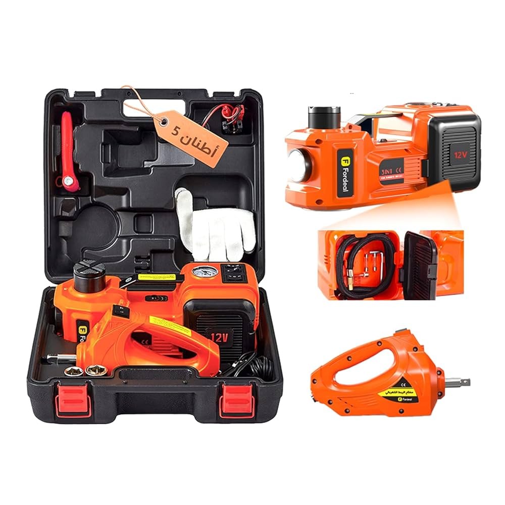 حقيية رافعة سيارة كهربائية 12×1 ( رفع السياره + نفخ الإطار + مفك صواميل + كشاف LED والخخخ