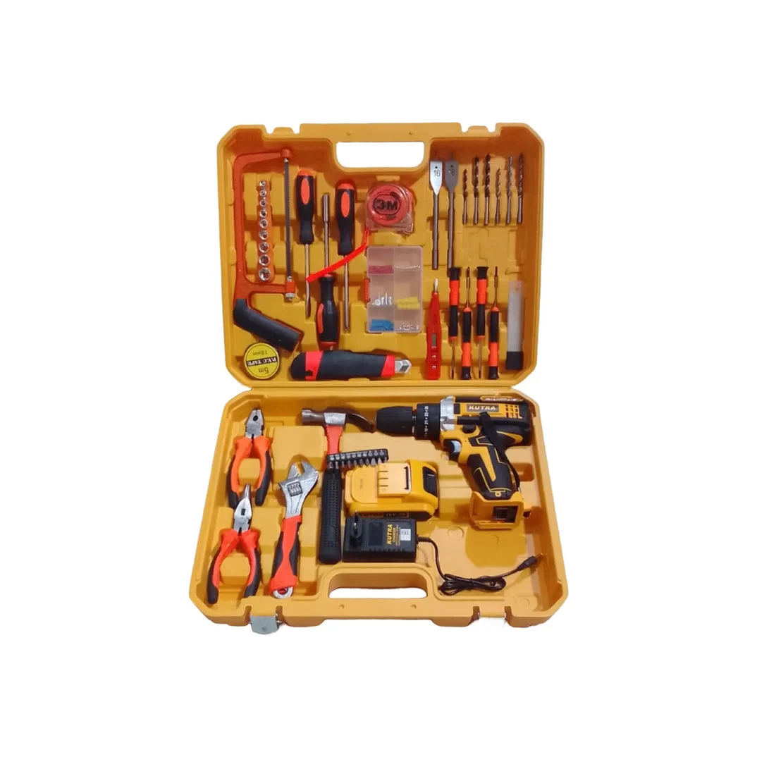 شنطة عدة بدريل مطرقة 48 فولت 128 قطعة قطع مطليه بالكروم مع جهاز فحص كهرباء