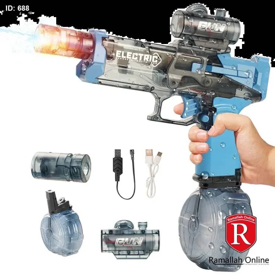 مسدس الطلقات المائية بقوة قذف واضائة رهيبة بخزان ماء كبير وبطاريات قابله للشحن