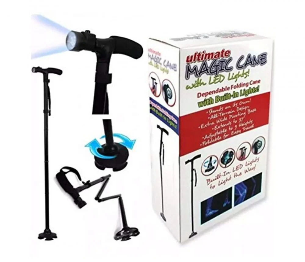 عكاز عجیب 3X1 بكشاف ليلي وقاعده رباعيه مقاومه للانزلاق وقابل للطي بسهوله